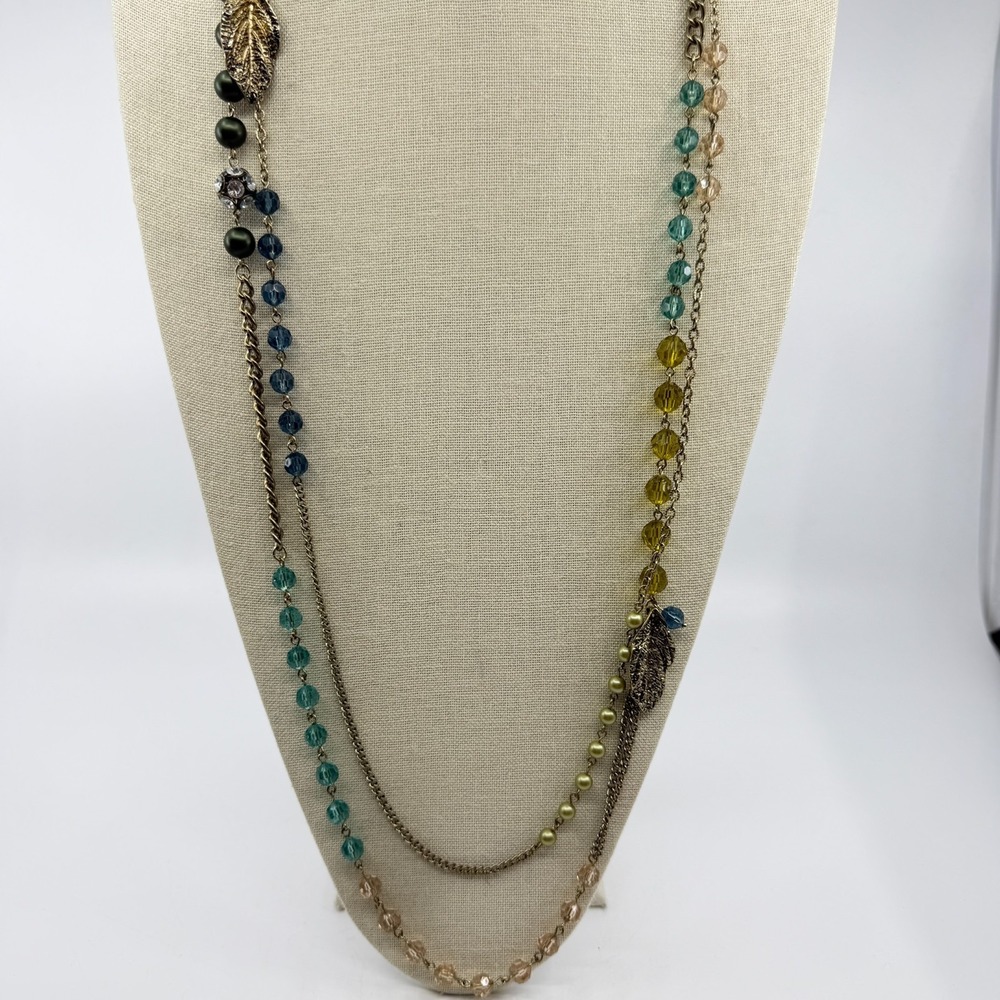 Multi-Strand Statement Necklace Green Blue Yellow Beads Leaf Charm Boho Layering